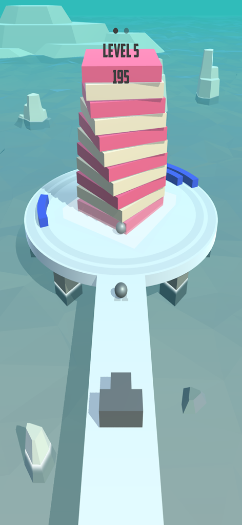 Fire Balls 3D - Fire Balls 3Dのゲームプレイ。ピンクと白のタワーにボールを発射するキャノンと、回転する障害物が表示されています。