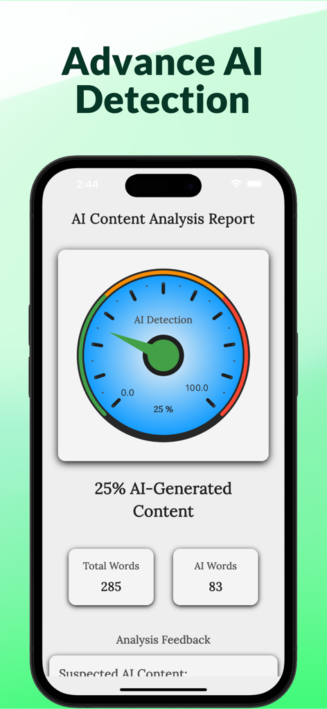 AI Detector & Humanizer Pro - AI Detector app interface showing a content analysis report with a gauge indicating twenty-five percent AI-generated content.
