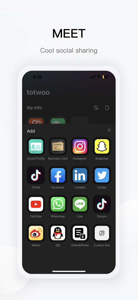 A mobile interface from the totwoo app showing icons for social media profile sharing including Instagram TikTok and WhatsApp