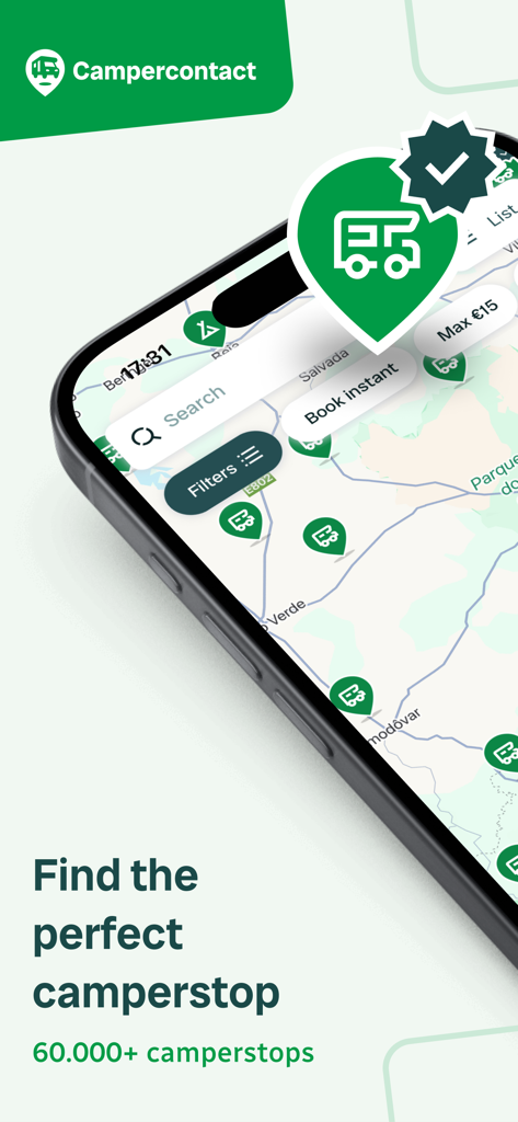 Campercontact - Camper Van - Écran de smartphone montrant l'application Campercontact avec de nombreux emplacements d'aires pour fourgons aménagés et des filtres de recherche