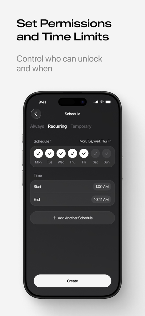 Smart Lock for ttlock - Mobile app screen showing the interface to set recurring access permissions and time limits for a smart lock.