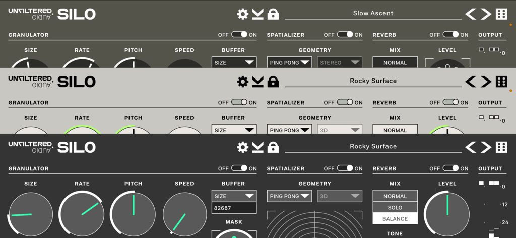 Silo - Granulator and Reverb - Silo Granulator 및 Reverb 앱 인터페이스, 세 가지 다른 색상 테마 및 오디오 제어 노브 표시