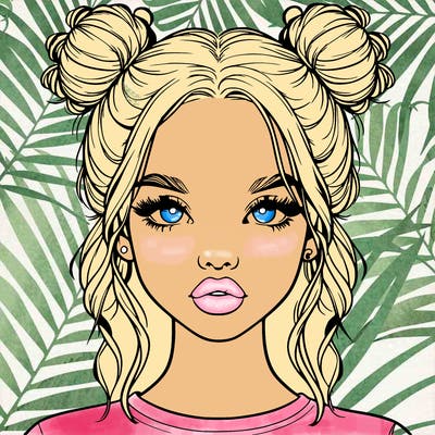 realistic girl with two buns in hair and lips
