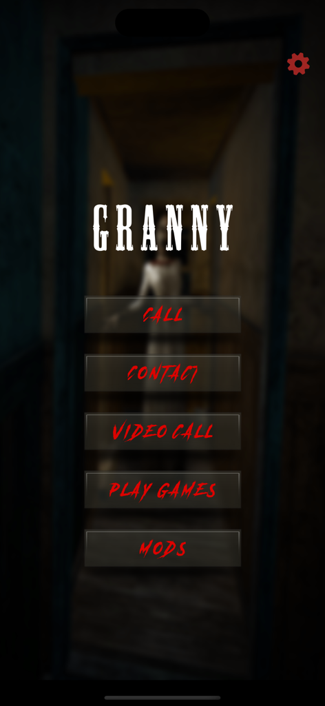 Scary Granny Contact Game - Main menu of the Scary Granny Contact Game app showing options for calls and mods