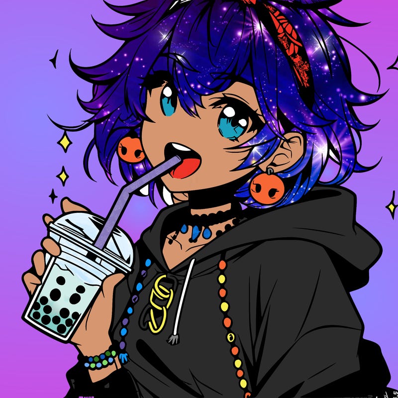 hot baddie anime girl drinking boba and biting the straw