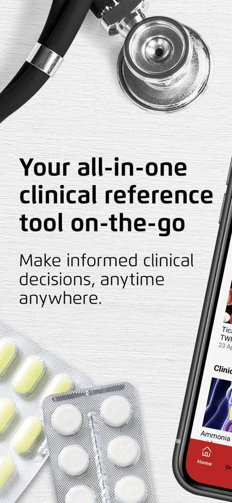 MIMS Thailand medical app interface with a stethoscope and medicine pills on a white wooden background