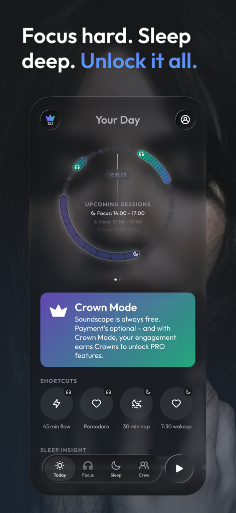 Soundscape: Focus & Deep Sleep - User interface of the Soundscape app showing a circular daily schedule dial for focus and sleep sessions with feature shortcuts