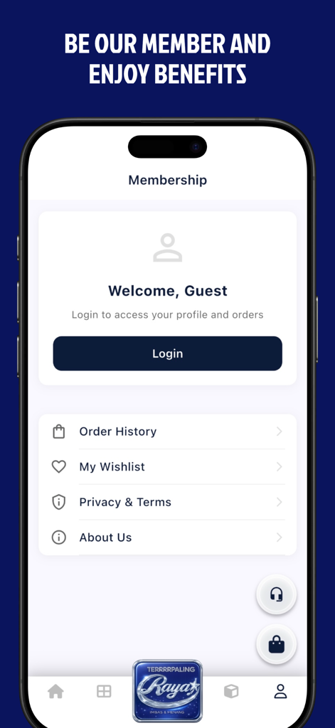 Bulan Bintang - Pantalla de membresía de la app Bulan Bintang mostrando el botón de inicio de sesión de invitado y opciones para historial de pedidos y lista de deseos.