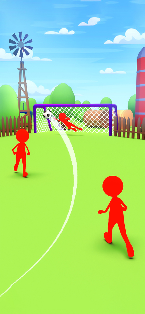 Jugador de fútbol stickman rojo pateando una pelota a la portería con un portero volando.