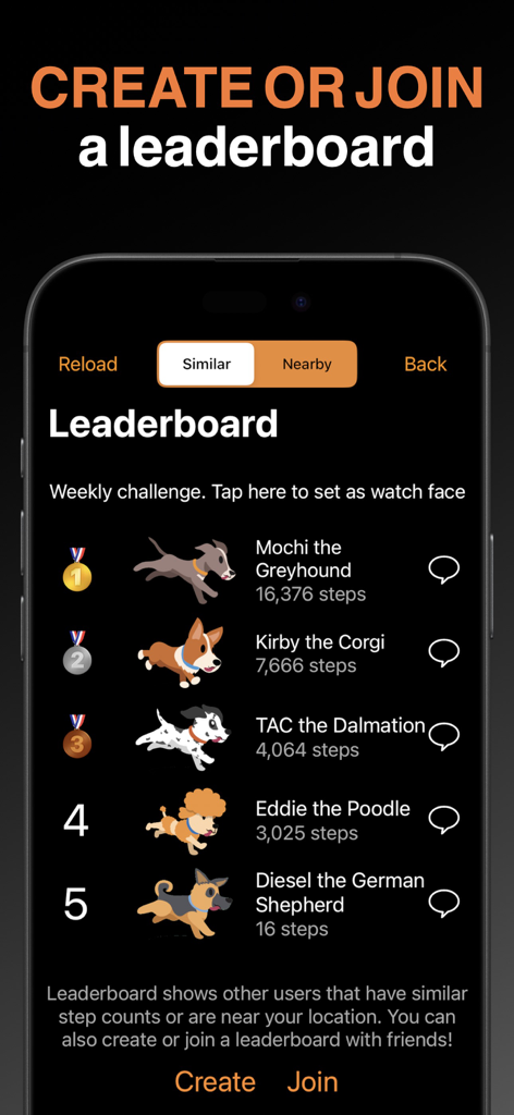 StepDog: Step Counter with Dog - StepDog app leaderboard displaying user rankings with virtual dogs and step counts