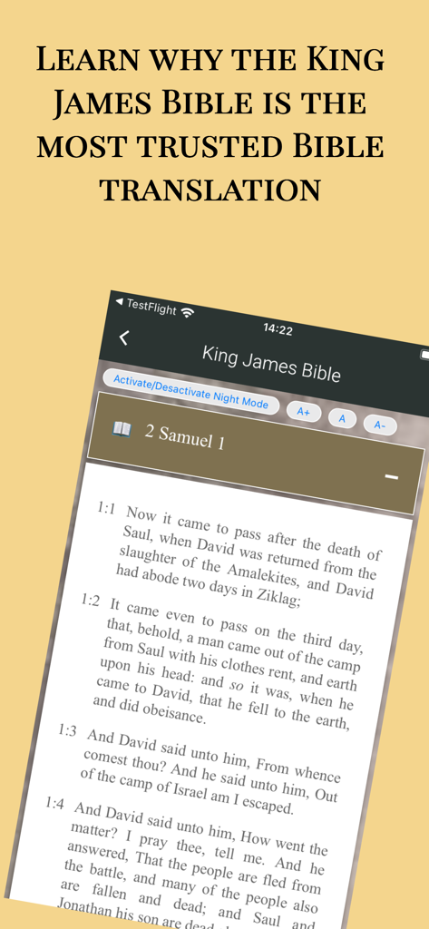 King James Bible - KJV Offline - Smartphone screen displaying King James Bible text and a headline about trusted translations