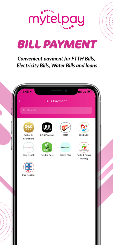 MytelPay - MytelPay app screen showing bill payment options for utilities, healthcare, and digital services in Myanmar