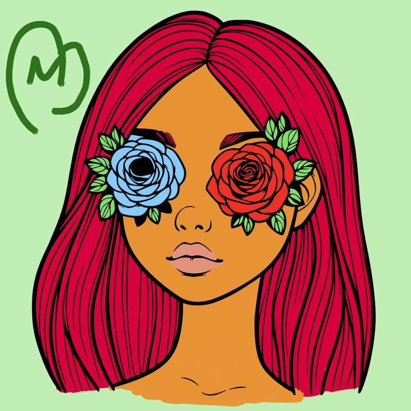 a realistic girl with roses for eyes