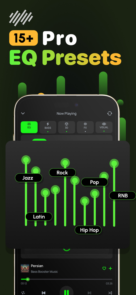 iPhone screen showing 15 plus pro equalizer presets with genre labels like Hip Hop Rock and Pop