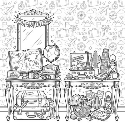 Embark on a vibrant journey with this coloring page, presenting two console tables adorned with vacation treasures. Explore a detailed scene of travel essentials and cherished memories, ready for your creative colors.