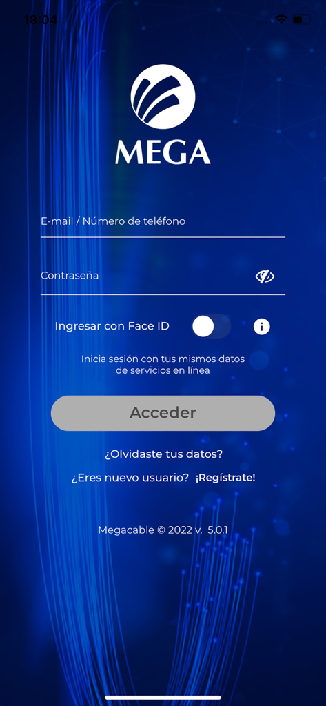 Megacable APP - Megacable 모바일 앱 로그인 화면, 이메일 또는 전화번호 및 비밀번호 입력란 포함
