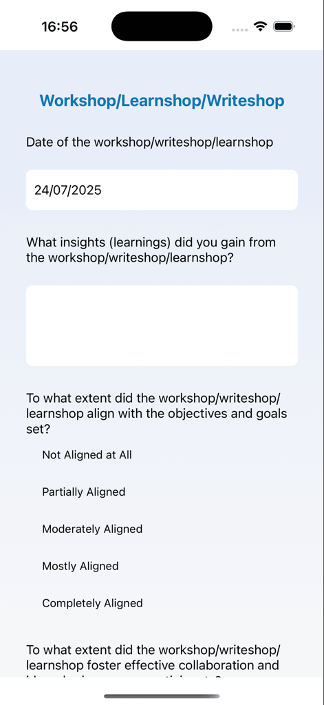 ALiVE CONNECT App - A workshop reflection and evaluation form within the ALiVE CONNECT App showing fields for date and learning insights.