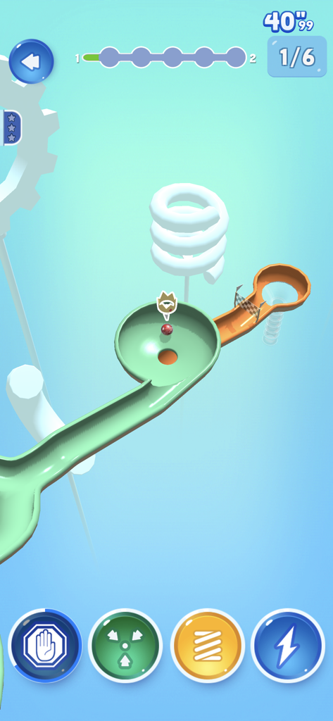 Marble Dream gameplay showing a marble on a 3D track with power up buttons