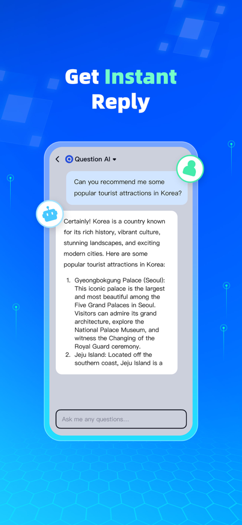 Interface of Question AI app showing a chatbot providing instant travel recommendations for Korea