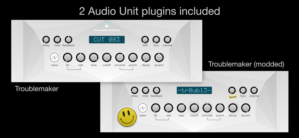 Troublemaker - Ansicht der Benutzeroberfläche der Standard- und gemoddeten Versionen des Troublemaker AUv3-Synthesizer-Plugins.