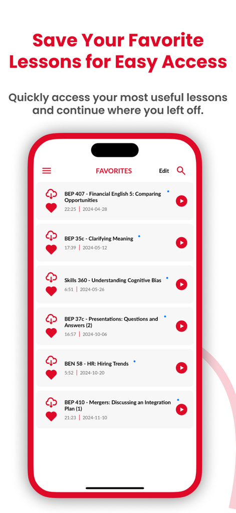 Captura de pantalla de la página de favoritos de la aplicación Business English by BEP con lecciones de inglés profesional.