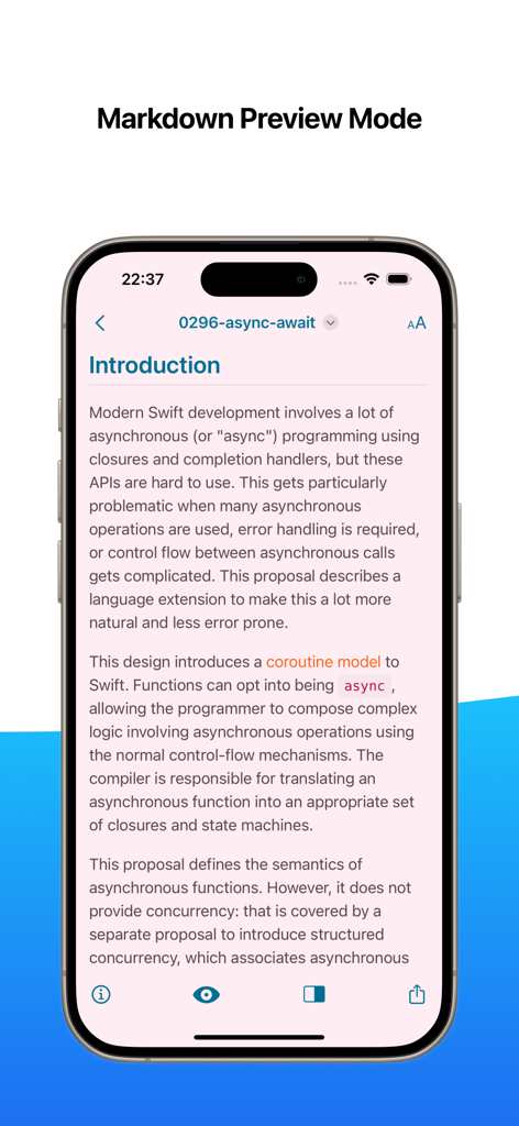 One Markdown - One Markdown app showing the preview mode of a technical document about Swift development on an iPhone