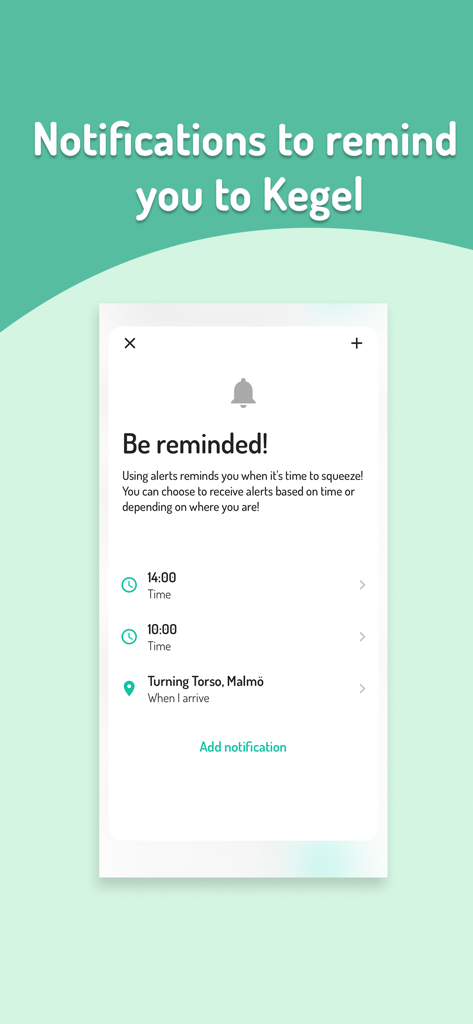 Squeeze Time for Men - Kegel - Squeeze Time app interface showing settings for time and location based kegel exercise reminders
