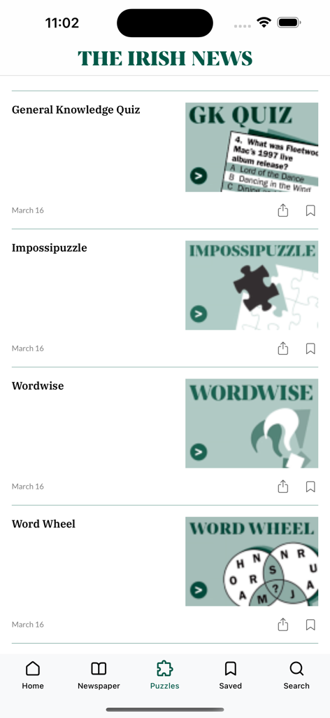 The Irish News Digital Edition - The Irish News app puzzles section featuring daily quizzes word games and interactive puzzles
