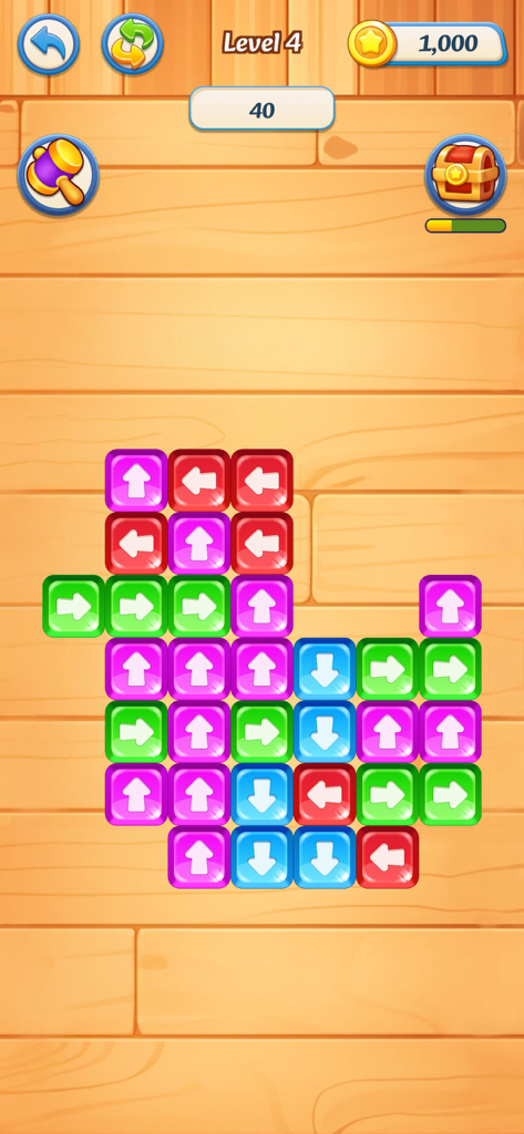 Block Mania:Tap away - Gameplay screenshot of Block Mania Tap Away showing a puzzle level with colorful arrow blocks