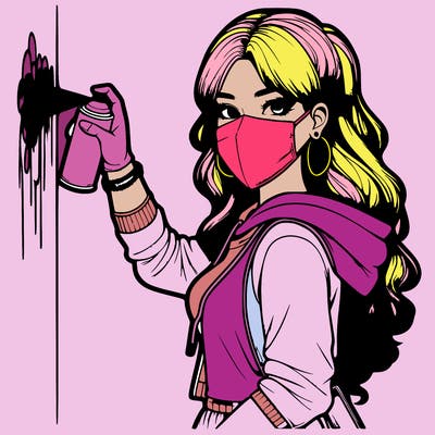 realistic girl with mask spray painting a wall