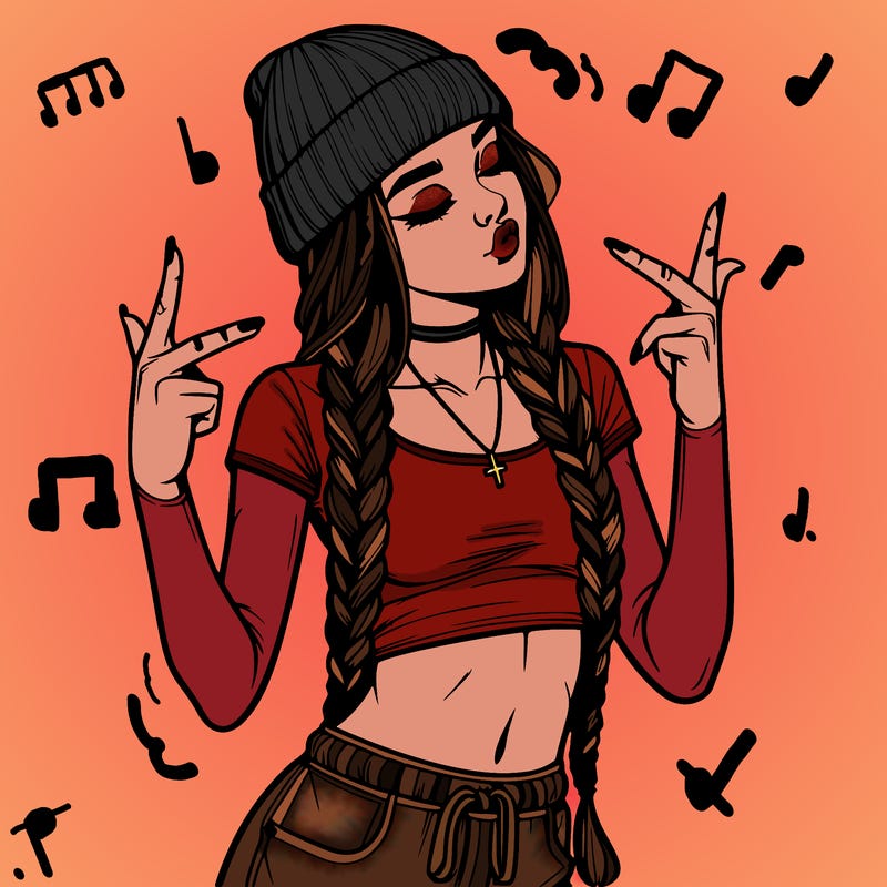 realistic teenage girl with braids and a beanie and crop top doing 🫶🏼