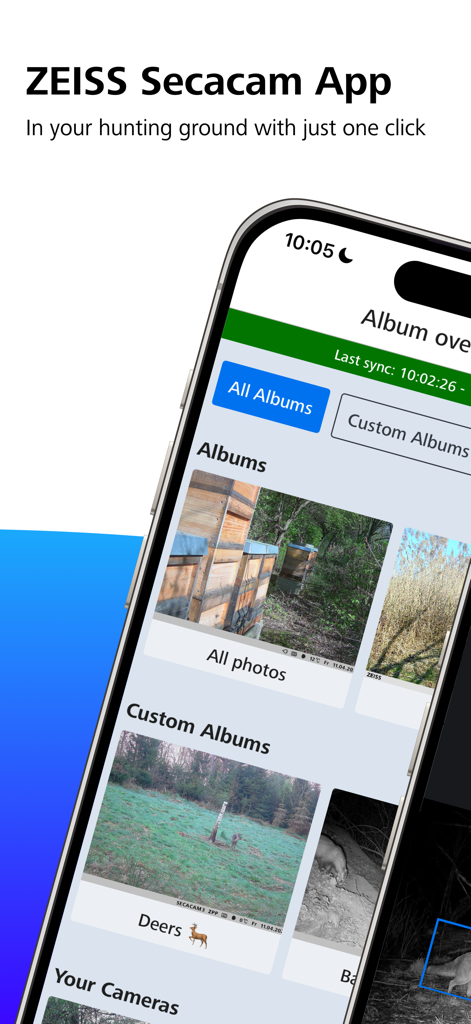 ZEISS Secacam - Interface de l'application ZEISS Secacam montrant des albums de photos de la faune et le repérage par caméra de chasse