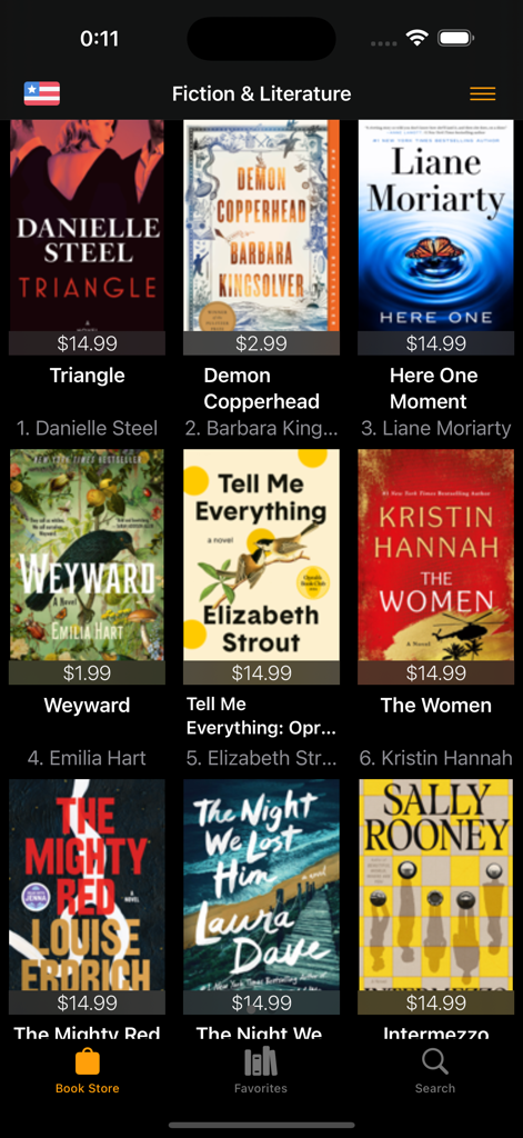 BestSellers for Book Store - Mobile App-Oberfläche, die die Top-Fiction- und Literatur-Buchrankings mit Covern und Preisen zeigt