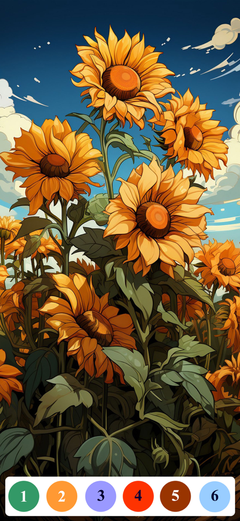 Senior Color - Paint By Number - Vibrant sunflowers illustration in a paint by number mobile app for seniors
