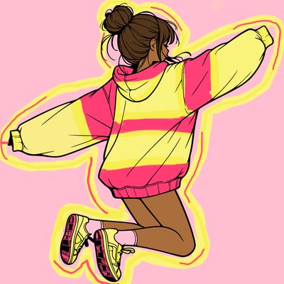 realistic girl jumping with a bun and oversized sweatshirt