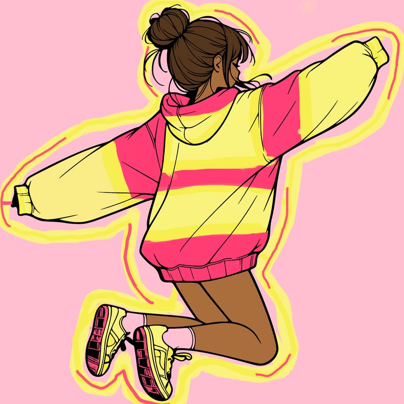 realistic girl jumping with a bun and oversized sweatshirt