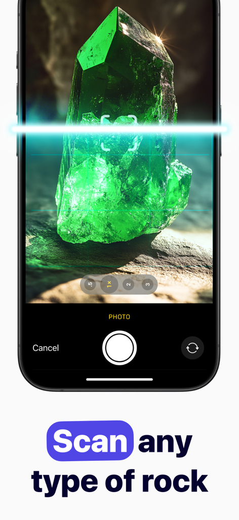 Gemstone Identifier - Gem - A smartphone scanning a large green crystal with the text Scan any type of rock
