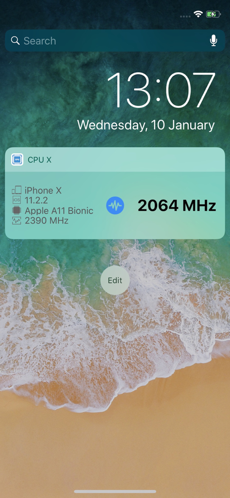CPU X - CPU X Today Widget displaying iPhone hardware specs and real-time CPU frequency
