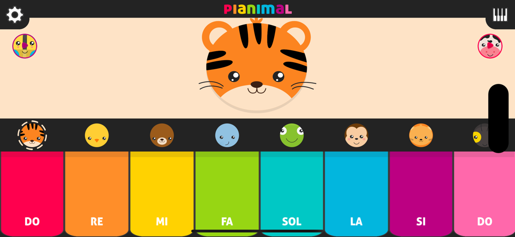 Pianimal Wild - A colorful toddler piano game interface featuring a cute tiger head and rainbow musical keys labeled with notes.