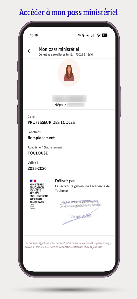 Mon portail RH - Carte d'identité ministérielle numérique pour un enseignant français affichée dans l'application Mon portail RH.