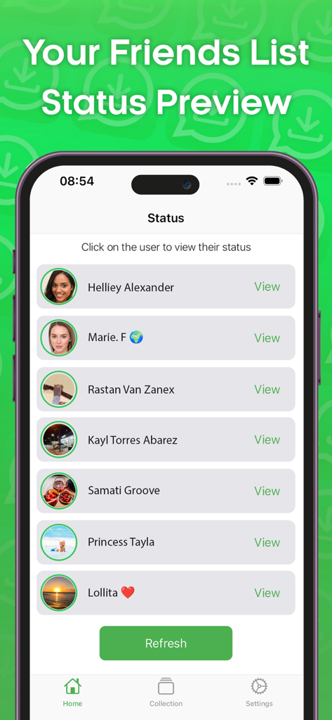 A smartphone screen displaying a list of friends with their WhatsApp status updates and a refresh button.