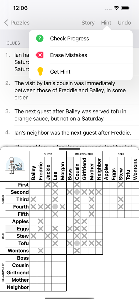 Jugabilidad de Hard Penny Dell Logic Puzzles que muestra una cuadrícula de lógica deductiva y un menú de pistas.