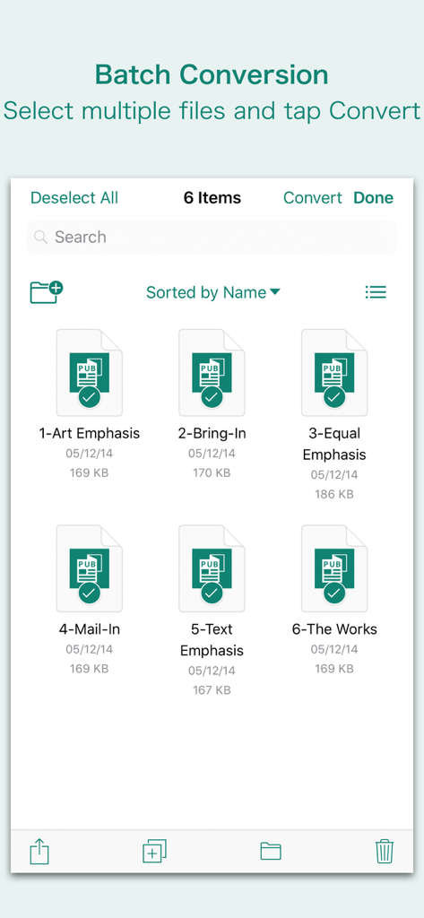 PUB Converterアプリで一括変換のために複数のMicrosoft Publisherファイルが選択されているインターフェース