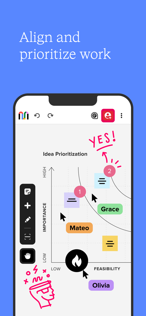 Mural - Visual Collaboration - A screenshot of the Mural app featuring an idea prioritization matrix with digital sticky notes and collaborative annotations.