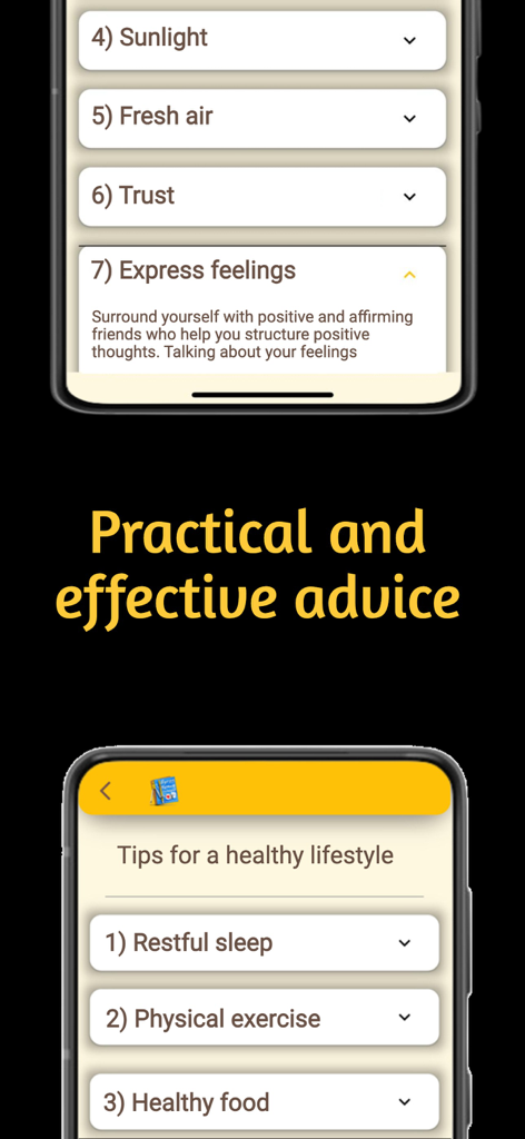 Screenshots of the Anger Test app showing practical lifestyle tips and emotional regulation advice