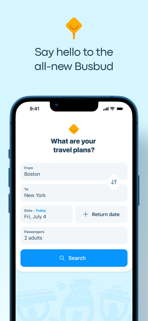 Busbud: Bus & Train Tickets - Busbud mobile app interface showing a travel search form for bus and train tickets.