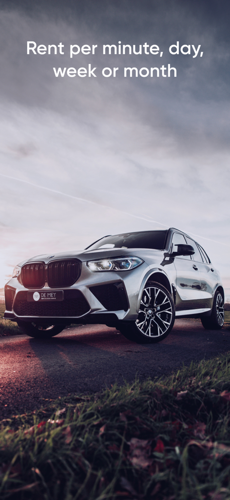 Silver luxury SUV on a road with text describing flexible car rental options by minute day week or month