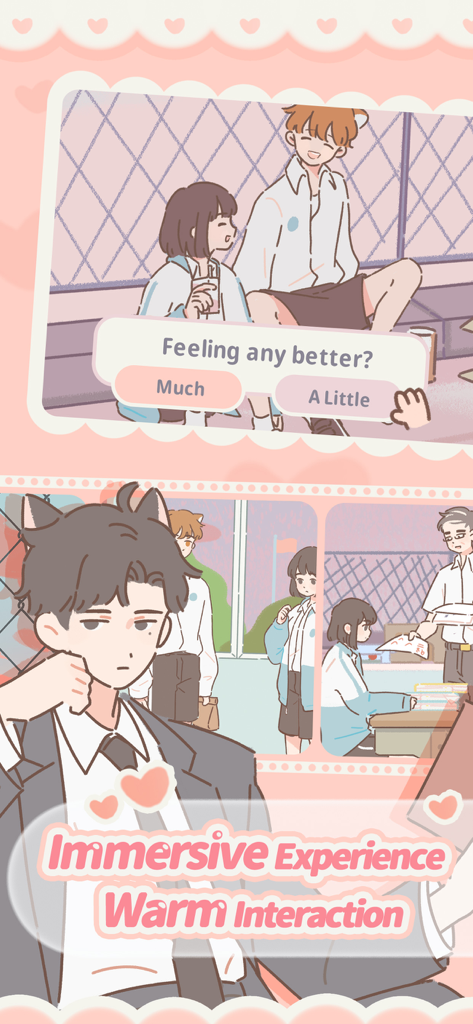 Purrfect Tale - Eine interaktive Comicszene aus Purrfect Tale mit Dialogoptionen zwischen einem Mädchen und einem Jungen mit Katzenohren in einer Schulumgebung.