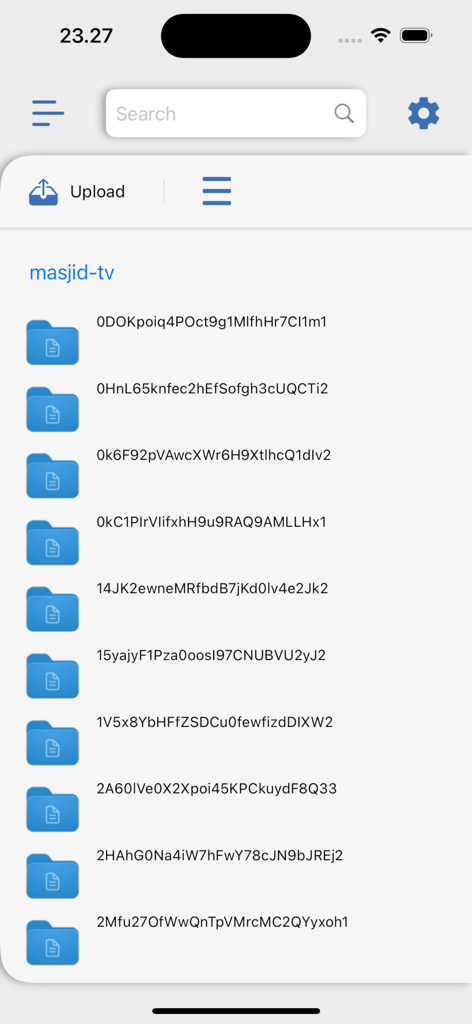 Object Storage Explorer - Mobile interface showing a list of folders and files in a cloud storage bucket with an upload option