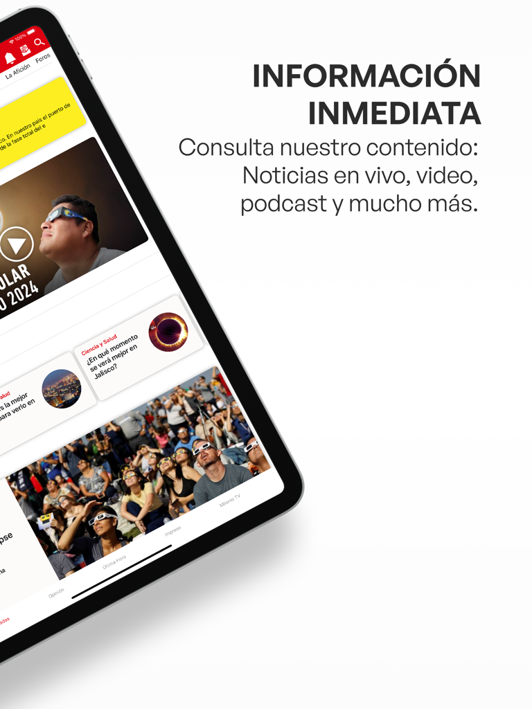 Milenio Impreso - Aplicación Milenio Impreso en iPad mostrando noticias en vivo y contenido multimedia en español